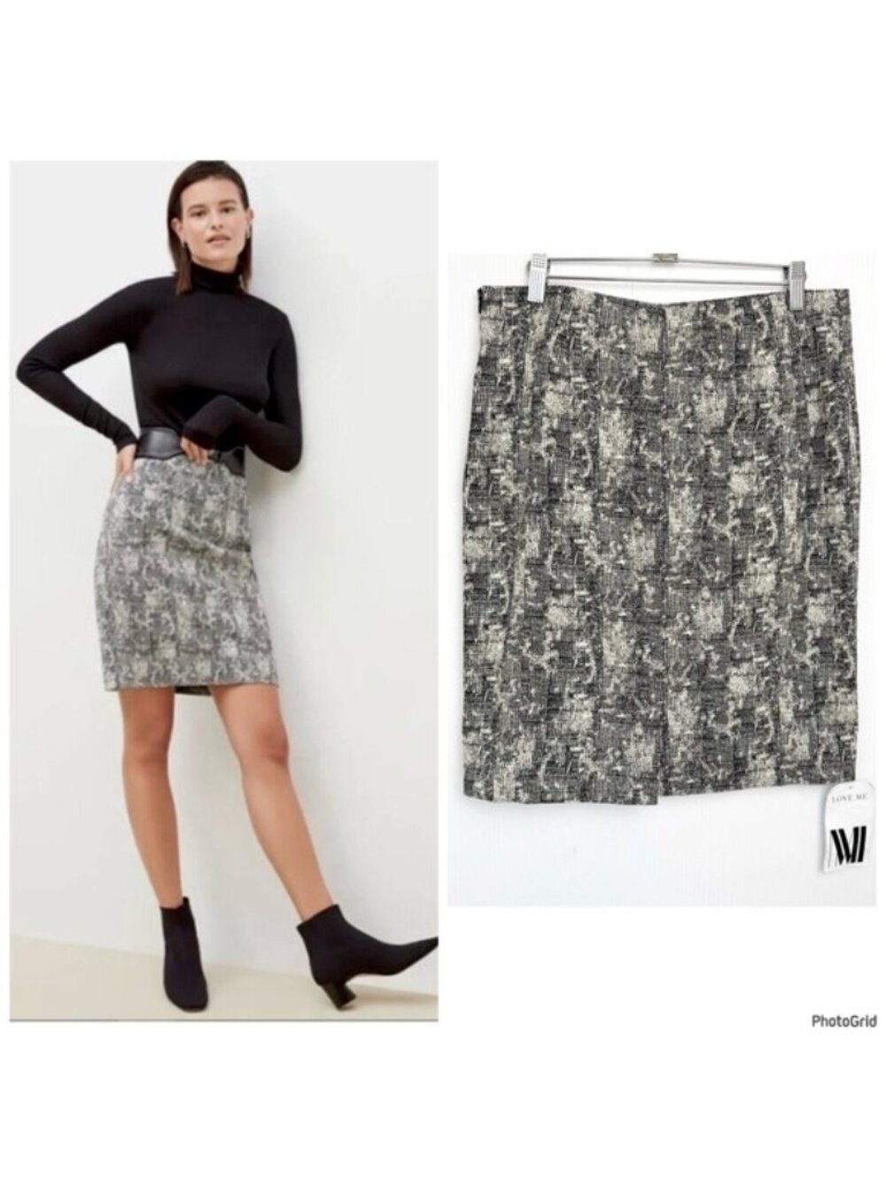 MM. Lafleur Crosby Pencil Skirt Scribble Jacquard Black Cream Size 8 NEW